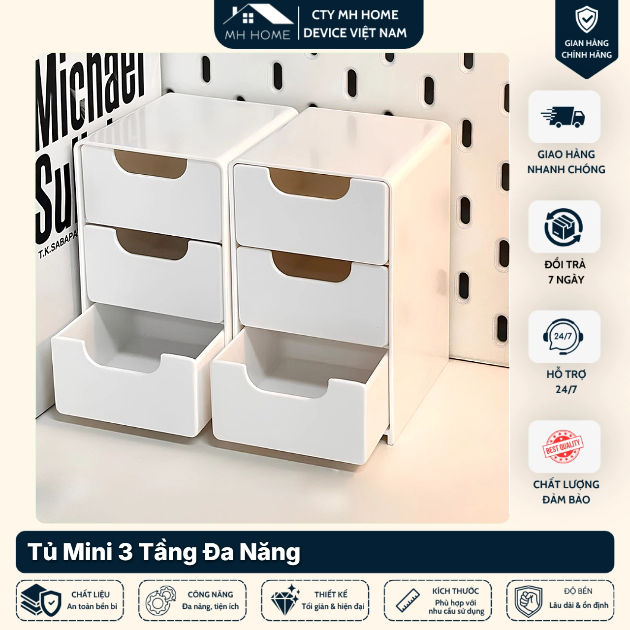 Tủ nhựa mini 3 tầng cao cấp – Đựng đồ trang điểm, phụ kiện, văn phòng phẩm